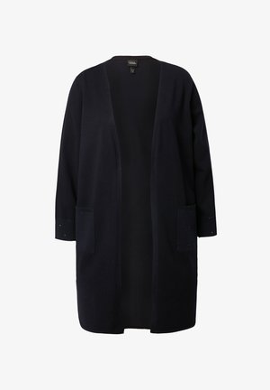 Langer schwarzer Cardigan mit offenem Vorderteil, langen Ärmeln und zwei aufgesetzten Taschen vorne, dargestellt auf weißem Hintergrund.