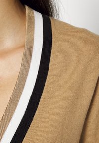 Gros plan sur un vêtement en maille beige avec un col en V orné d'une bordure rayée noire, blanche et marron le long de l'encolure sur l'épaule d'une personne.