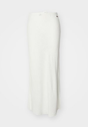 White maxi skirt made of lightweight fabric with a smooth texture, featuring an elastic waistband with a drawstring for adjustment.