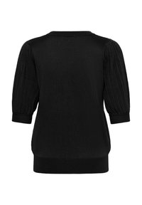 Pull noir en maille à manches courtes avec manches bouffantes côtelées et taille cintrée, vu de dos sur fond blanc.