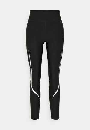 Leggings neri con vita alta, caratterizzati da strisce bianche sui lati, realizzati in un tessuto elastico e liscio per comfort e flessibilità.