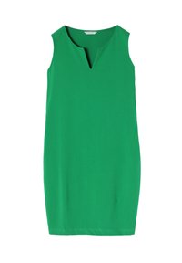 Green sleeveless dress with a V-neckline, made of soft fabric. Features a straight cut and slits at the hem for ease of movement.