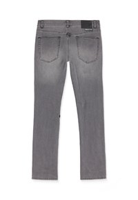 Harmaat farkut slim-fit-mallissa, joissa on kaksi takataskua, musta vyölenkki ja hillitty haalistunut tekstuuri kankaassa.