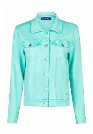 Veste en denim vert menthe clair avec fermeture boutonnée sur le devant, deux poches poitrine et un col à revers. Dotée de détails en métal argenté et de surpiqûres.