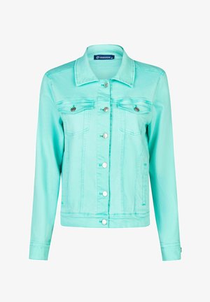 Veste en denim vert menthe clair avec fermeture boutonnée sur le devant, deux poches poitrine et un col à revers. Dotée de détails en métal argenté et de surpiqûres.