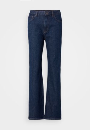 Bredde blå denimjeans med høyt liv, med en glatt tekstur, metallknapplukking og fem-lomme-design.