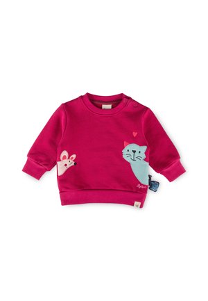 Maglietta rosa brillante a manica lunga per bambini con illustrazioni giocose di topo e gatto e bottoni a pressione sulla spalla per un facile vestirsi.