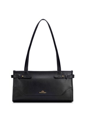 Schwarze rechteckige Ledertasche mit zwei langen Trageriemen und goldenem Wittchen-Logo vorne in der Mitte.