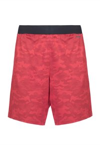 Pantalones cortos de camuflaje rojo con una cinturilla negra sólida, hechos de material ligero, que presentan un corte relajado y costuras planas.