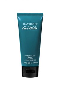 Turkos, tub av Davidoff Cool Water aftershave-balm, 100 ml. Vit text på framsidan inkluderar varumärke och produktinformation. Svart kork.