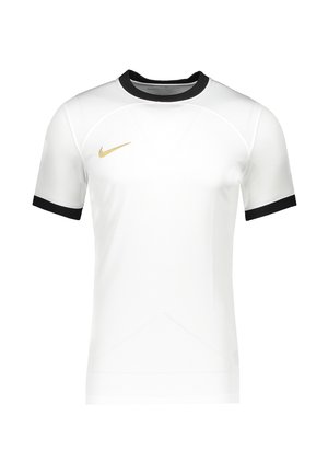 Witte sportieve T-shirt van glad synthetisch materiaal, met een zwarte ribbelkraag en mouwboorden, en een gouden Nike-logo op de borst.