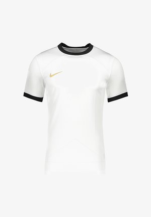 White athletic t-shirt made of smooth synthetic fabric, features a black ribbed neckline and sleeve cuffs, with a gold Nike logo on the chest.