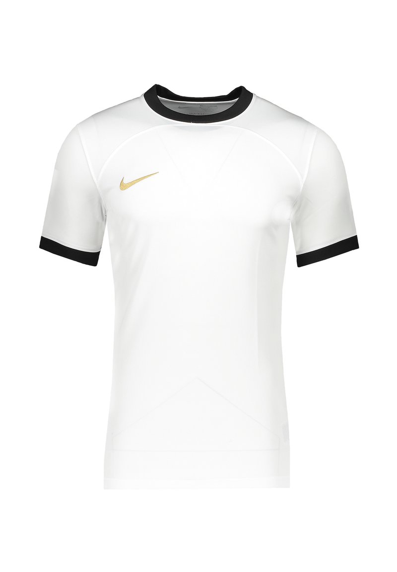 T-shirt athlétique blanc en tissu synthétique lisse, avec un col et des poignets côtelés noirs, et un logo Nike doré sur la poitrine.