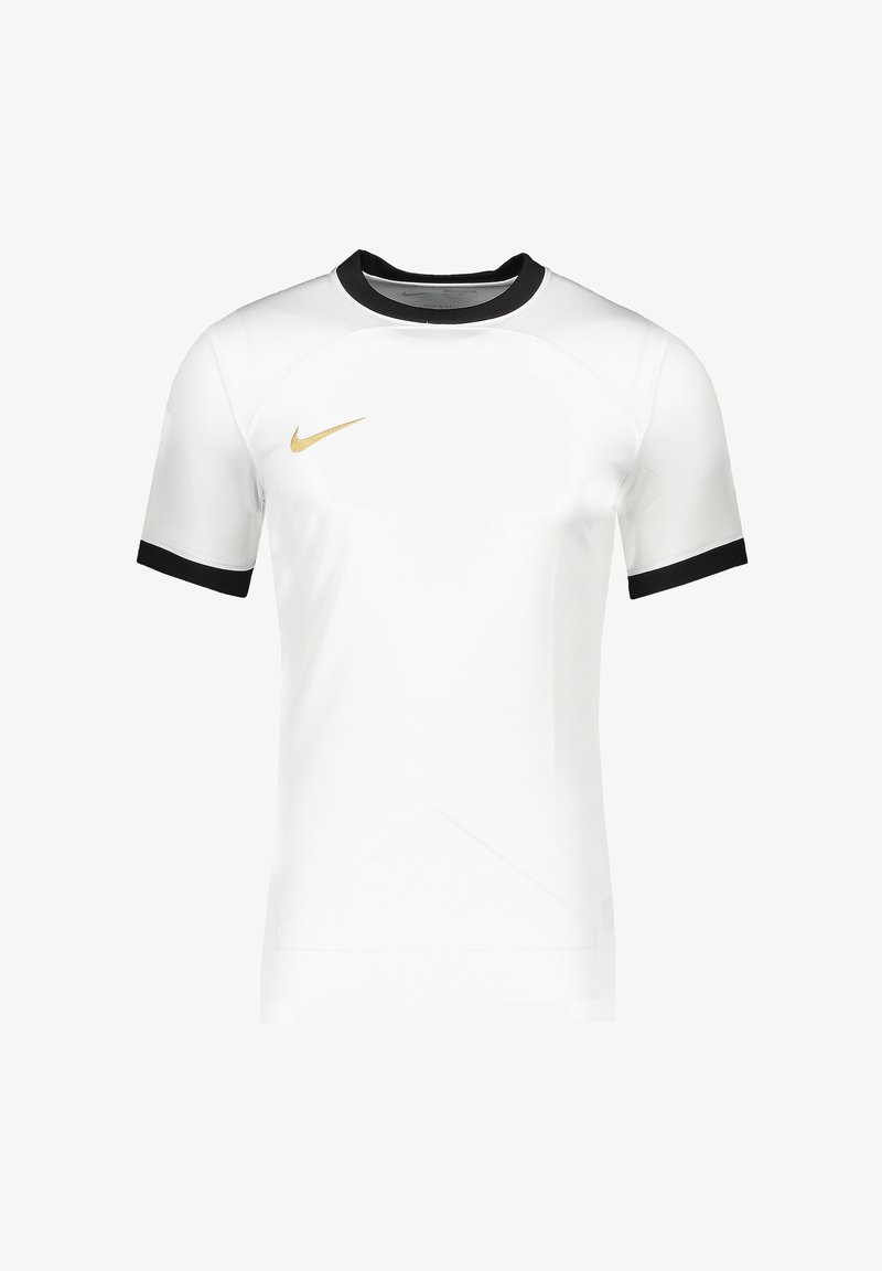 Maglietta atletica bianca realizzata in tessuto sintetico liscio, presenta un colletto e polsini neri a coste, con un logo Nike dorato sul petto.
