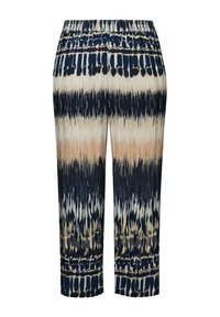 Tryckta cropped byxor med elastisk midja, med ett mönster i marinblått och beige, vertikala linjer och ojämna penseldrag-texturer.