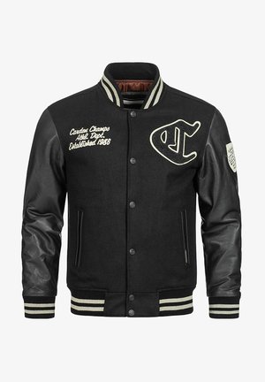 Schwarze Collegejacke aus Wolle mit Lederärmeln. Verfügt über weißen gestickten Text, gestreiften Rippkragen, Rippärmelabschlüsse und Saum.