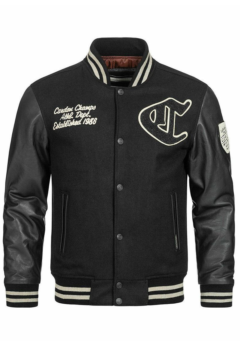 Schwarze Collegejacke aus Wolle mit Lederärmeln. Verfügt über weißen gestickten Text, gestreiften Rippkragen, Rippärmelabschlüsse und Saum.