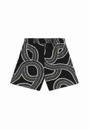 Zwarte short met een abstract wit patroon van golvende lijnen. Het materiaal lijkt lichtgewicht met een elastische tailleband voor comfort.