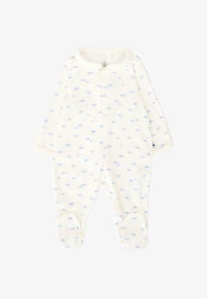Kremowe body niemowlęce z długimi rękawami i nogawkami, ozdobione małymi niebieskimi wzorami chmurek oraz zamkiem z przodu.