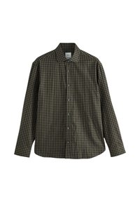 Camicia a maniche lunghe a quadri nei colori verde scuro e beige. Presenta un collo classico, chiusura frontale con bottoni e una vestibilità rilassata con orlo arrotondato.