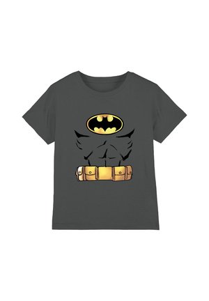 Dark gray child’s t-shirt with a printed Batman chest logo, muscular torso design, and yellow utility belt graphic on the front.