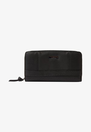 Black leather wallet with a textured finish, featuring a zip closure, smooth accents, and a discreet logo plate on the front.