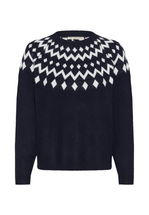 Tamsiai mėlynas megztinis, pagamintas iš minkštos nėrinių medžiagos, su balta geometrine ornamentika per pečius ir su gipiūro rankovėmis bei apačia. Apvalus iškirpimas.