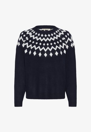 Marineblauer Pullover aus weichem Strickstoff, mit einem weißen geometrischen Muster entlang des Schulterbereichs sowie gerippten Bündchen und Saum. Rundhalsausschnitt.