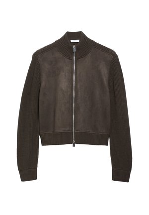 Dark brown zip-up jacket with ribbed knit sleeves, collar, and waistband, featuring a suede-like front panel.