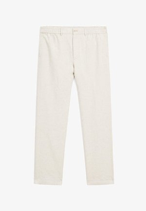 Pantaloni in lino beige con taglio dritto, vita elastica, chiusura con bottone e tasche laterali, caratterizzati da una finitura testurizzata sottile.