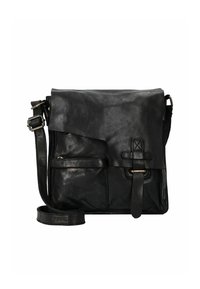 Borsa a tracolla in pelle nera con pattina, tasca frontale e tracolla regolabile. Presenta una finitura testurizzata e dettagli in metallo.