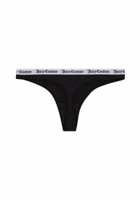 Juoda thong tipo apatiniai, pagaminti iš minkštos medvilnės, su balta juosta, ant kurios juodu spaudu užrašyta "Juicy Couture". Minimalistinis dizainas.