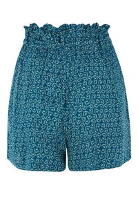 Shorts bleus avec motifs abstraits blancs et une ceinture élastique froncée, conçus pour un usage décontracté.