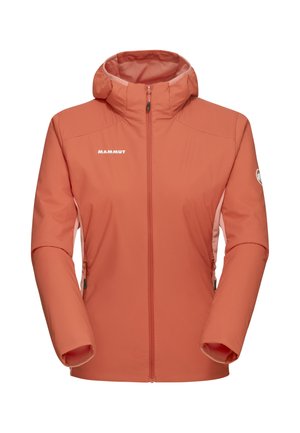 Giacca Mammut corallo con cappuccio aderente, zip frontale completa e polsini elasticizzati. Presenta tasche laterali e una superficie liscia e isolante.