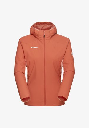 Kurtka Mammut w kolorze koralowym z dopasowanym kapturem, pełnym zamkiem błyskawicznym z przodu i elastycznymi mankietami. Posiada boczne kieszenie oraz gładką, izolowaną strukturę.