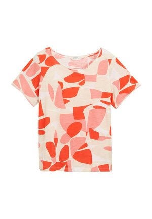Rövid ujjú póló, kerek nyakkivágással, könnyű anyagból készült. Fehér háttérrel rendelkezik, amelyen piros és rózsaszín absztrakt formák és minták találhatók.