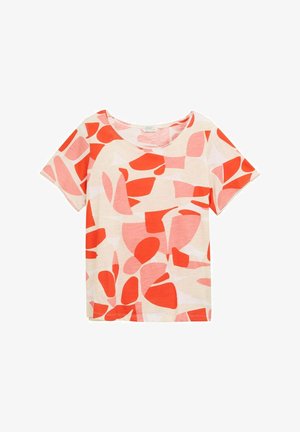 Tričko s krátkym rukávom a výstrihom do tvaru lode, vyrobené z ľahkého materiálu. Má biely podklad s červenými a ružovými abstraktnými tvarmi a vzormi.