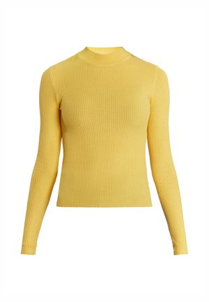 Geel geribbelde langemouwen top met een hoge hals, voorzien van een aansluitend ontwerp en een zachte textuur. Rekbaar stof verbetert het comfort en de pasvorm.