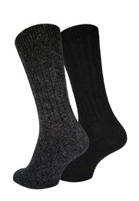 Zwei Paar kniehohe Socken: eines in dunkelgrau mit gerippter Textur und eines in schlichtem Schwarz mit glatter Oberfläche.