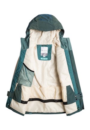 Veste pour fille Roxy, teinte bleu-vert et crème, avec capuche, fermeture éclair sur le devant et poches intérieures. La doublure est matelassée avec une texture lisse.