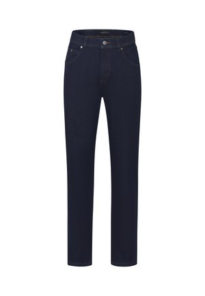 Dark blue straight-leg jeans with front button, zipper, belt loops, and classic five-pocket design.