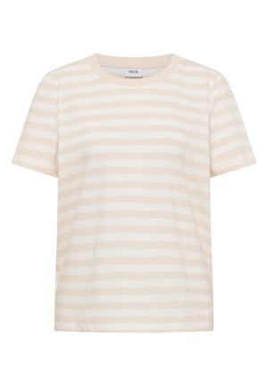 Kortærmet t-shirt i beige og hvid med vandrette striber, rund halsudskæring og CECIL-mærke.
