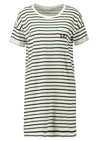 Robe chemise rayée blanche, présentant des rayures horizontales vertes et noires. Manches courtes, col rond et une petite poche poitrine.