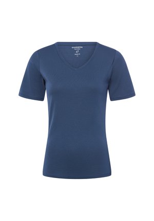 Navy blue V-neck short-sleeve cotton T-shirt with regular fit, labeled size small, displayed on a white background.