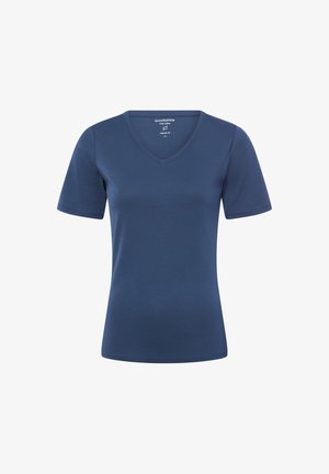 Navy blue V-neck short-sleeve cotton T-shirt with regular fit, labeled size small, displayed on a white background.