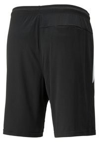 Zwarte sportshorts van lichtgewicht materiaal, met een gladde textuur, een elastische tailleband en een discreet achterzakje.