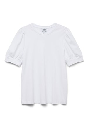 Haut blanc à manches courtes avec un col rond et des manches bouffantes. Fabriqué en tissu lisse, présentant une étiquette portant la mention "AWARE".