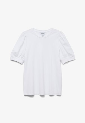 Bela kratka majica s kratkimi rokavi in krožnim izrezom ter napihnjenimi rokavi. Narejena iz gladkega blaga, z oznako "AWARE."