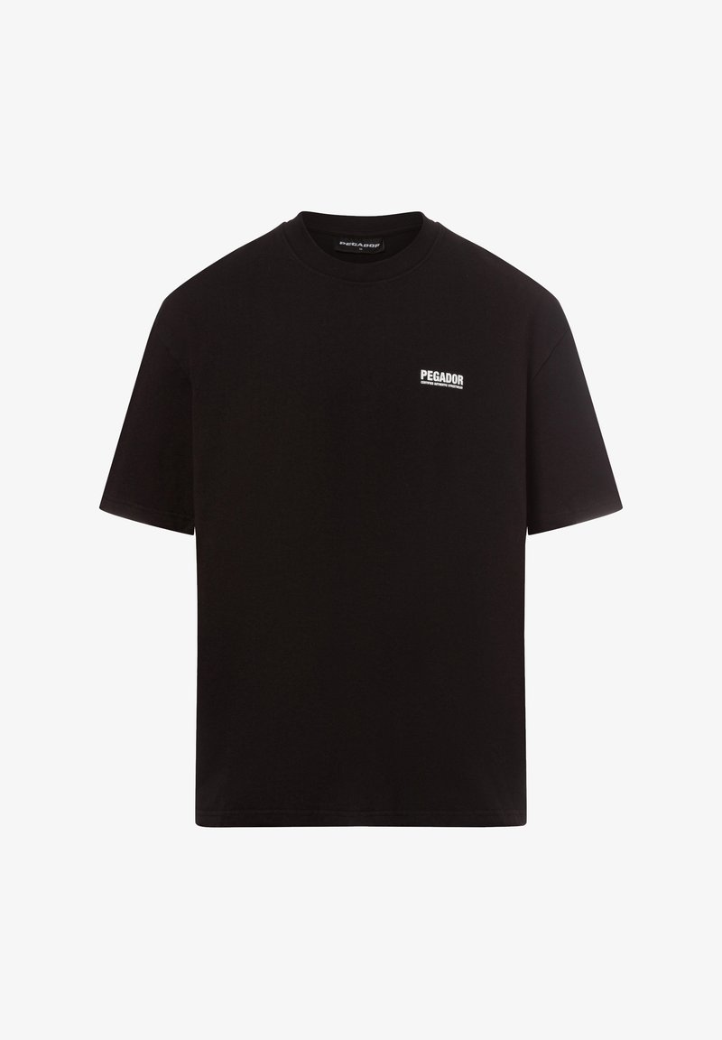 Black cotton t-shirt with a crew neck, short sleeves, and a small white "PEGADOR" logo printed on the chest. Simple and casual design.
