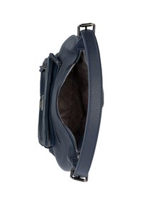 Sac à main en cuir bleu avec une surface texturée, disposant d'une fermeture éclair, d'une doublure intérieure à motif géométrique et d'une bandoulière ajustable.